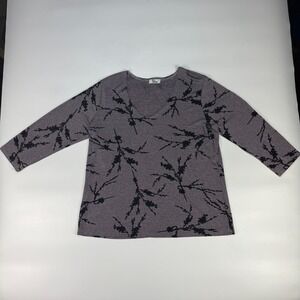 Theo Knit Top Womens L Gray Black Printed Nylon Relaxed Fit 3/4 Sleeve V Neck